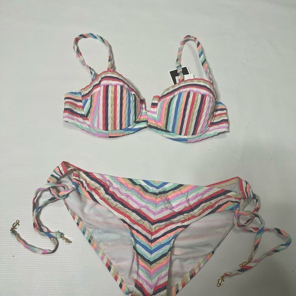 NWT JUICY COUTURE BEACHSIDE TUNNEL‎ PANTS 8 MOULDED BRA SWIMSUIT SET SZ S
